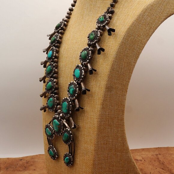Unique Vintage Native Navajo Turquoise Squash Blossom Ornate Silver Necklace 27" - Picture 5 of 13